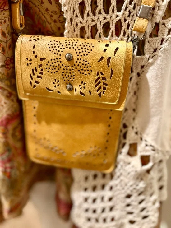Mustard Yellow Laser-Cut Leather Crossbody Bag - Women - Picture 3 of 12